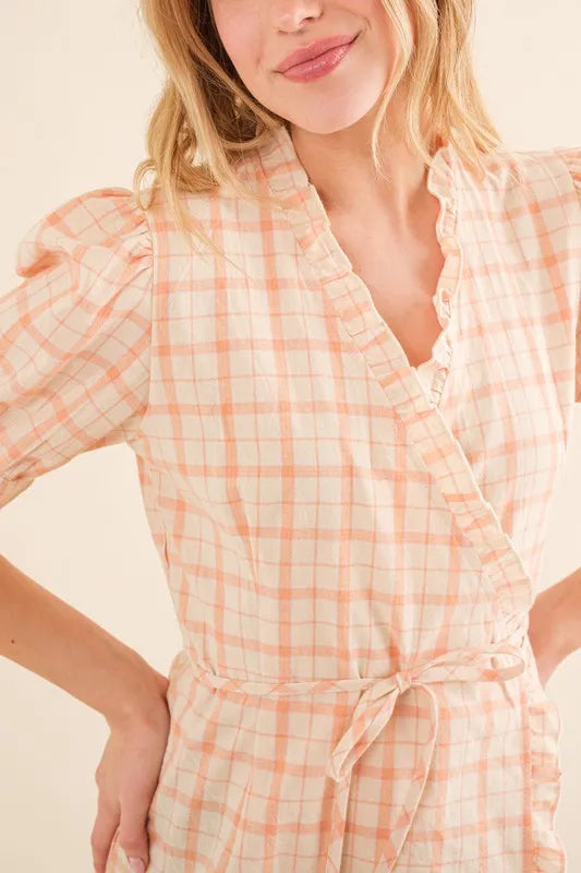 Plaid Patterned and Ruffled Wrap Blouse Top - Tigbul's Variety Fashion Shop