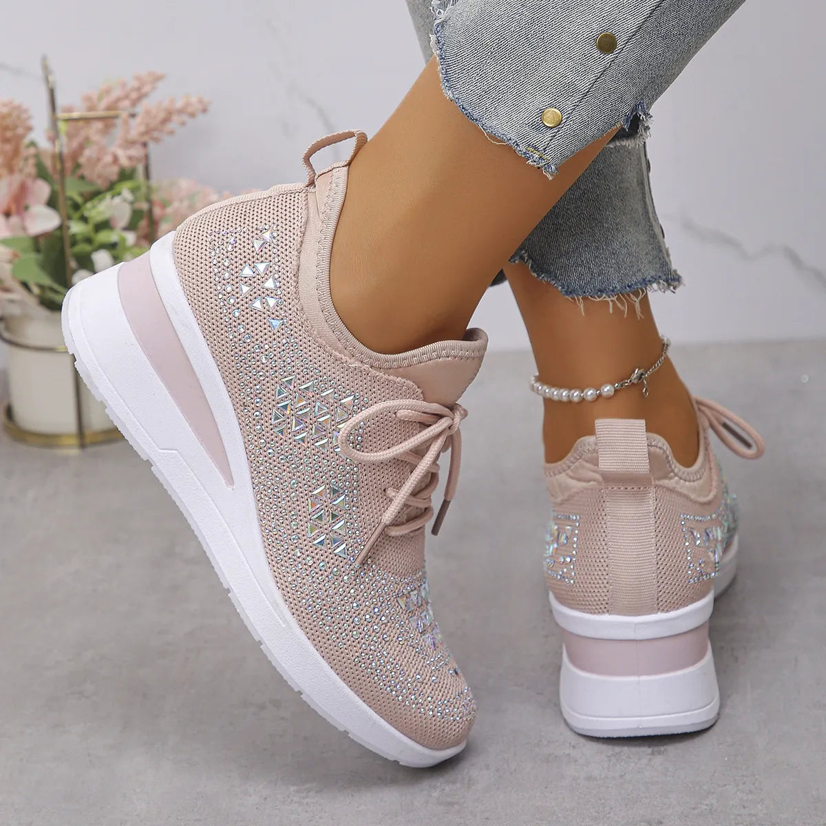 Breathable Mesh Rhinestone Wedge Athletic Sneakers - Tigbul's Variety Fashion Shop