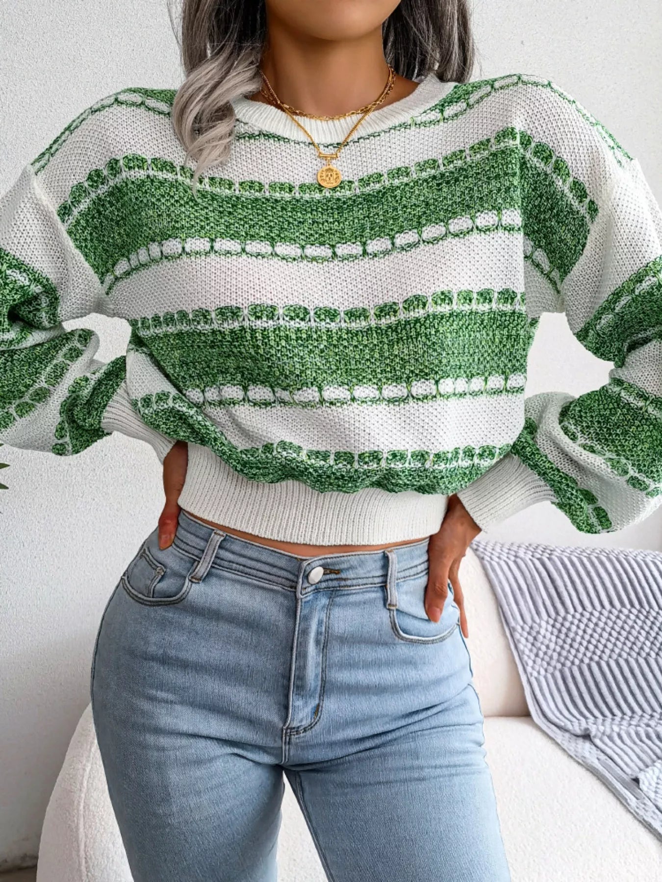 Color Block Round Neck Cropped Sweater - Tigbul's Variety Fashion Shop