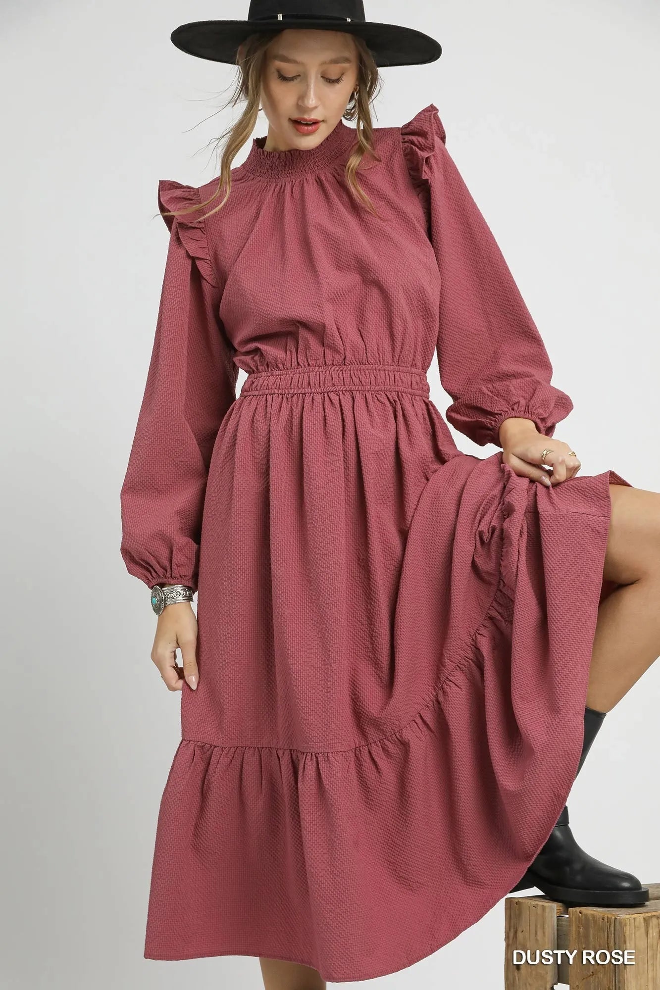 Umgee Textured Midi Dress with Ruffle Shoulder Detail - Tigbul's Variety Fashion Shop