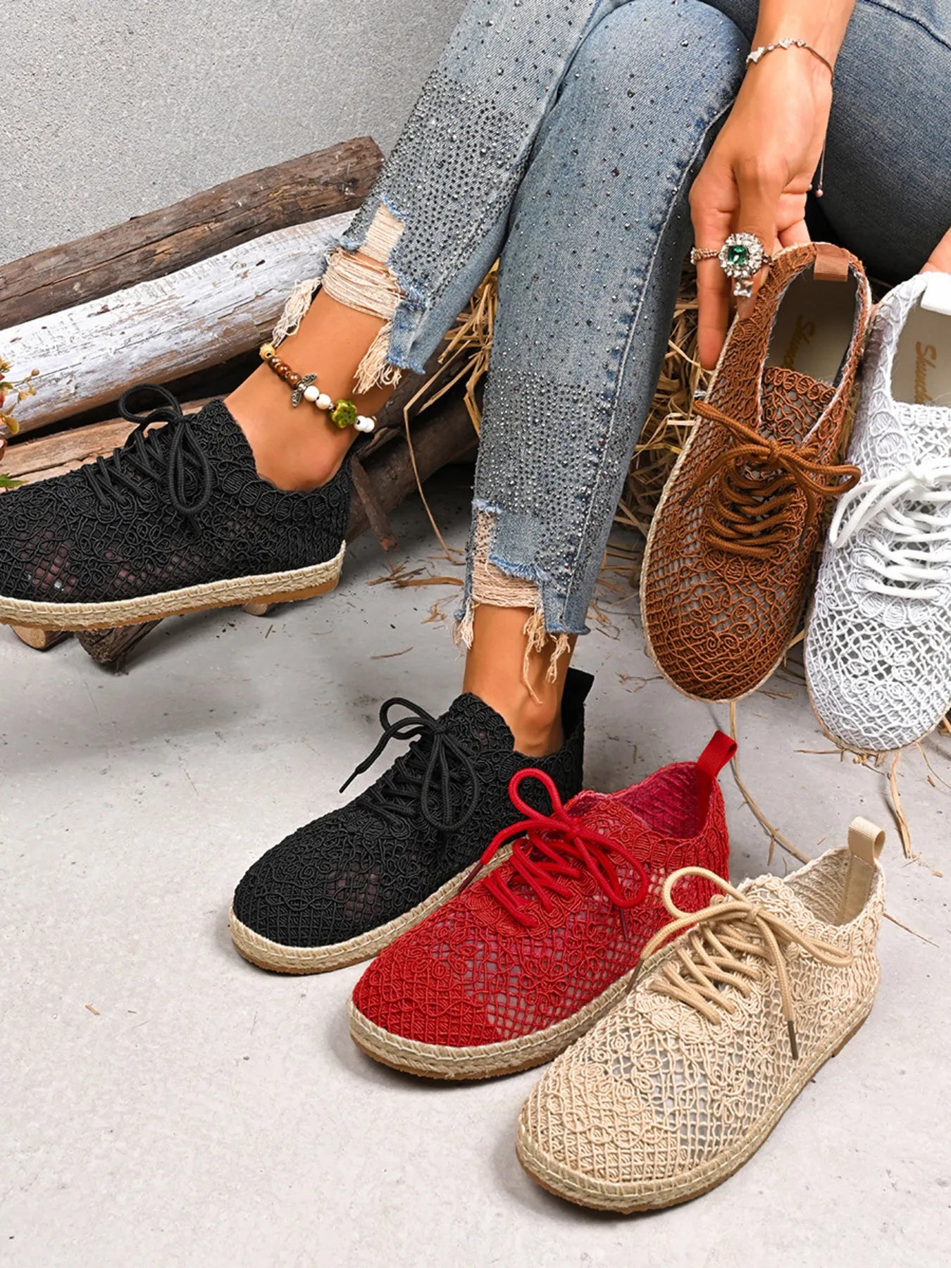 Breathable Woven Lace Up Sneakers - Tigbul's Variety Fashion Shop