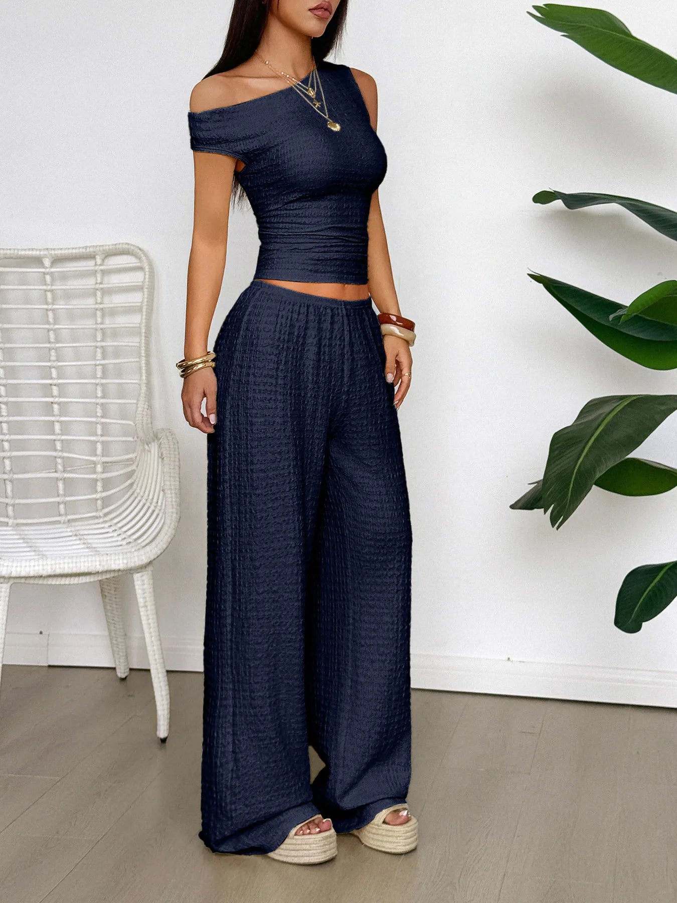 One Shoulder Top and Wide Leg Pants Set - Tigbul's Variety Fashion Shop