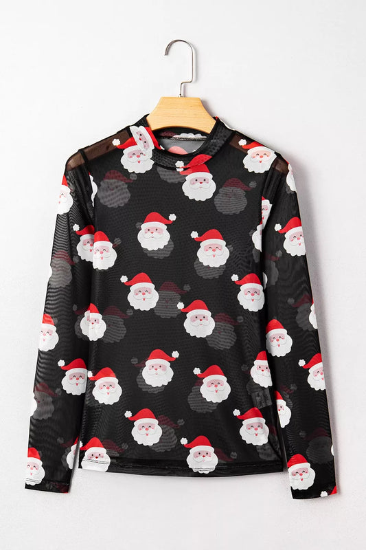 Christmas Santa Print Mesh Long Sleeve Top - Tigbul's Variety Fashion Shop