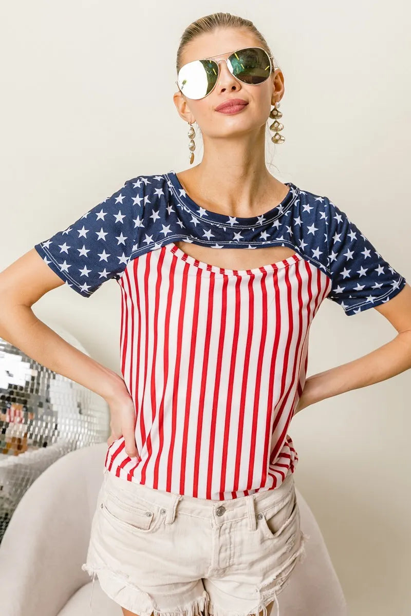 American Flag Theme Front Cut Out Top - Tigbul's Variety Fashion Shop