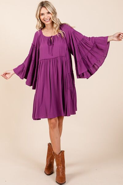 Red-Violet Frill Tie Neck Bell Sleeve Dress - Tigbul's Variety Fashion Shop