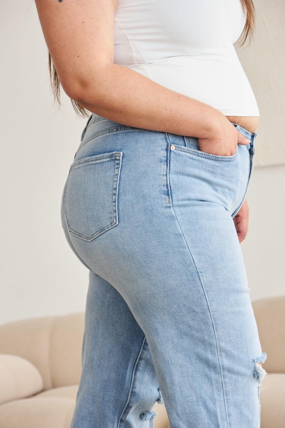 RFM Tummy Control High Waist Raw Hem Distressed Jeans - Tigbul's Variety Fashion Shop