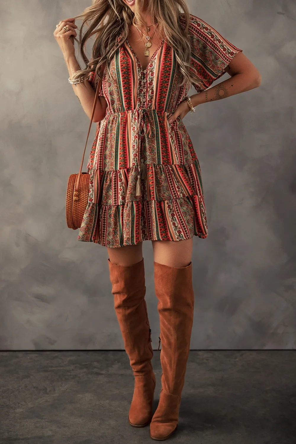 Bohemian Floral Print Buttoned V Neck Ruffle Tiered Dress - Tigbul's Variety Fashion Shop