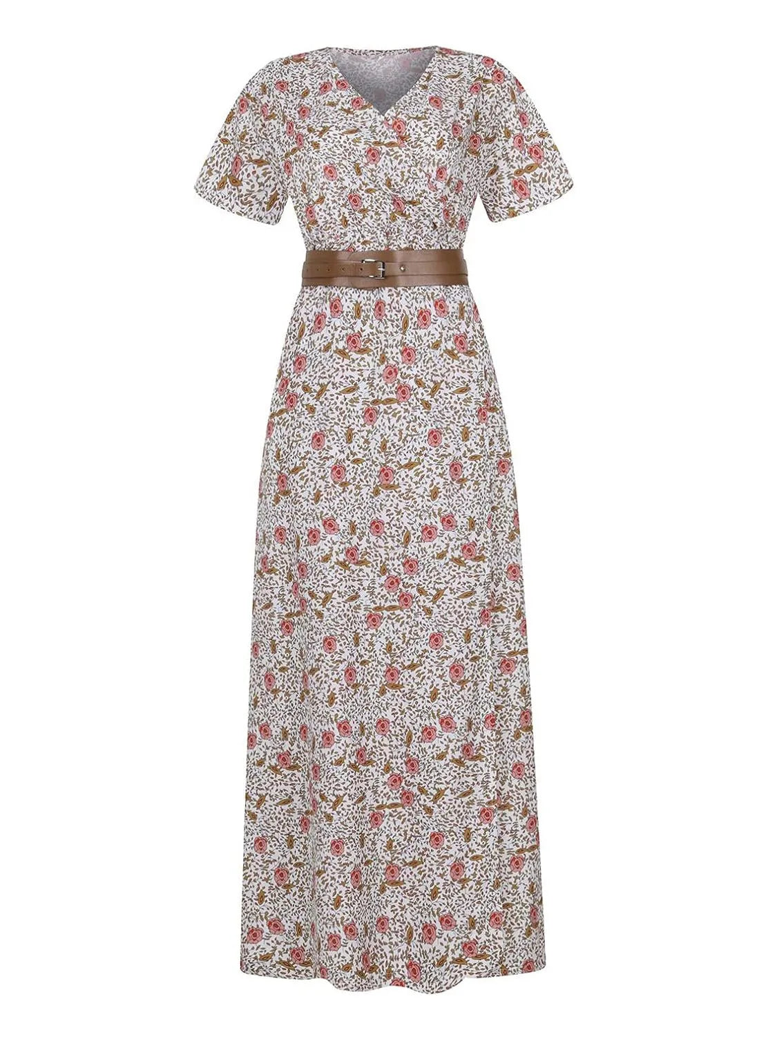 Full Size Printed V-Neck Short Sleeve Maxi Dress Plus Size - Tigbul's Variety Fashion Shop