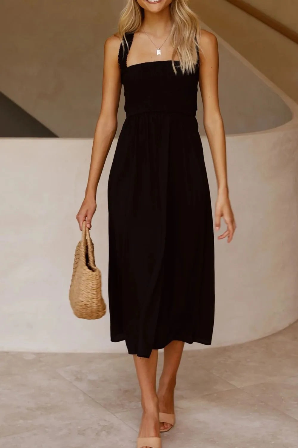Crisscross Smocked Wide Strap Dress - Tigbul's Variety Fashion Shop