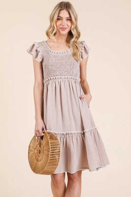 Taupe Color Ruffle Trim Smocked Dress - Tigbul's Variety Fashion Shop