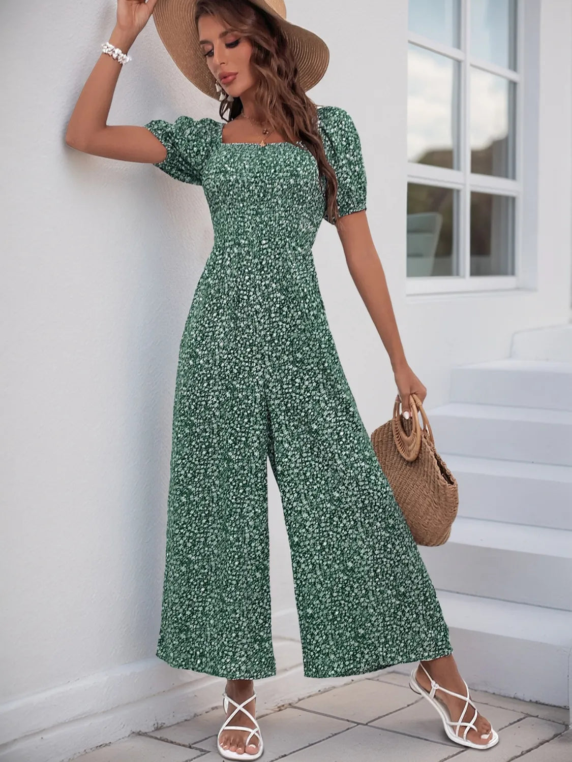 Printed Square Neck Puff Sleeve Jumpsuit - Tigbul's Variety Fashion Shop