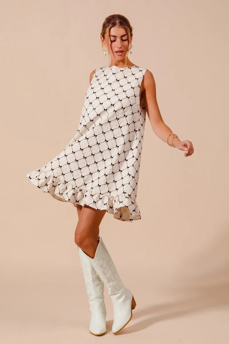 SO ME Texture Bow Printed Mini Ruffle Dress - Tigbul's Variety Fashion Shop