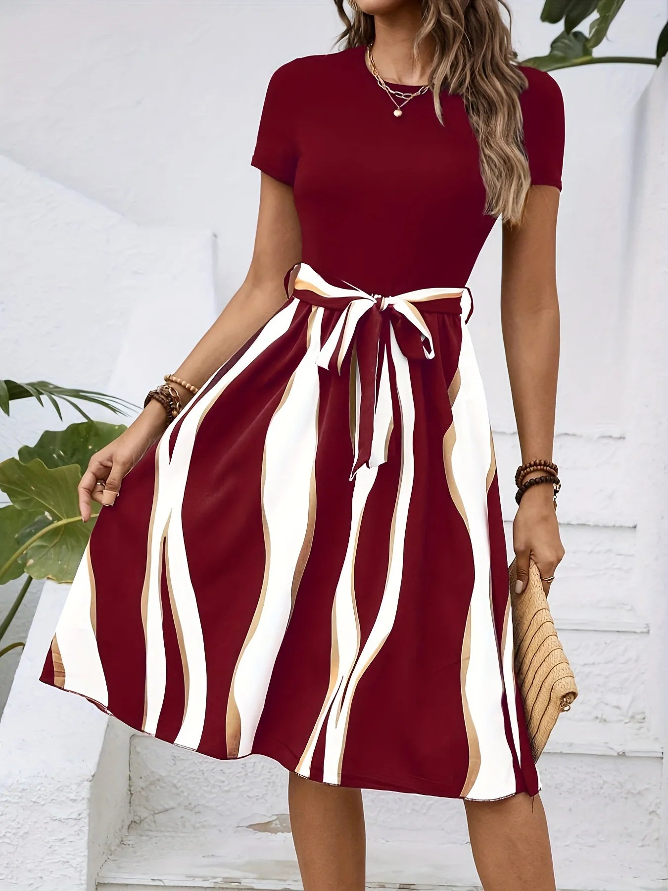 Striped Short Sleeve Tie Waist Dress - Tigbul's Variety Fashion Shop