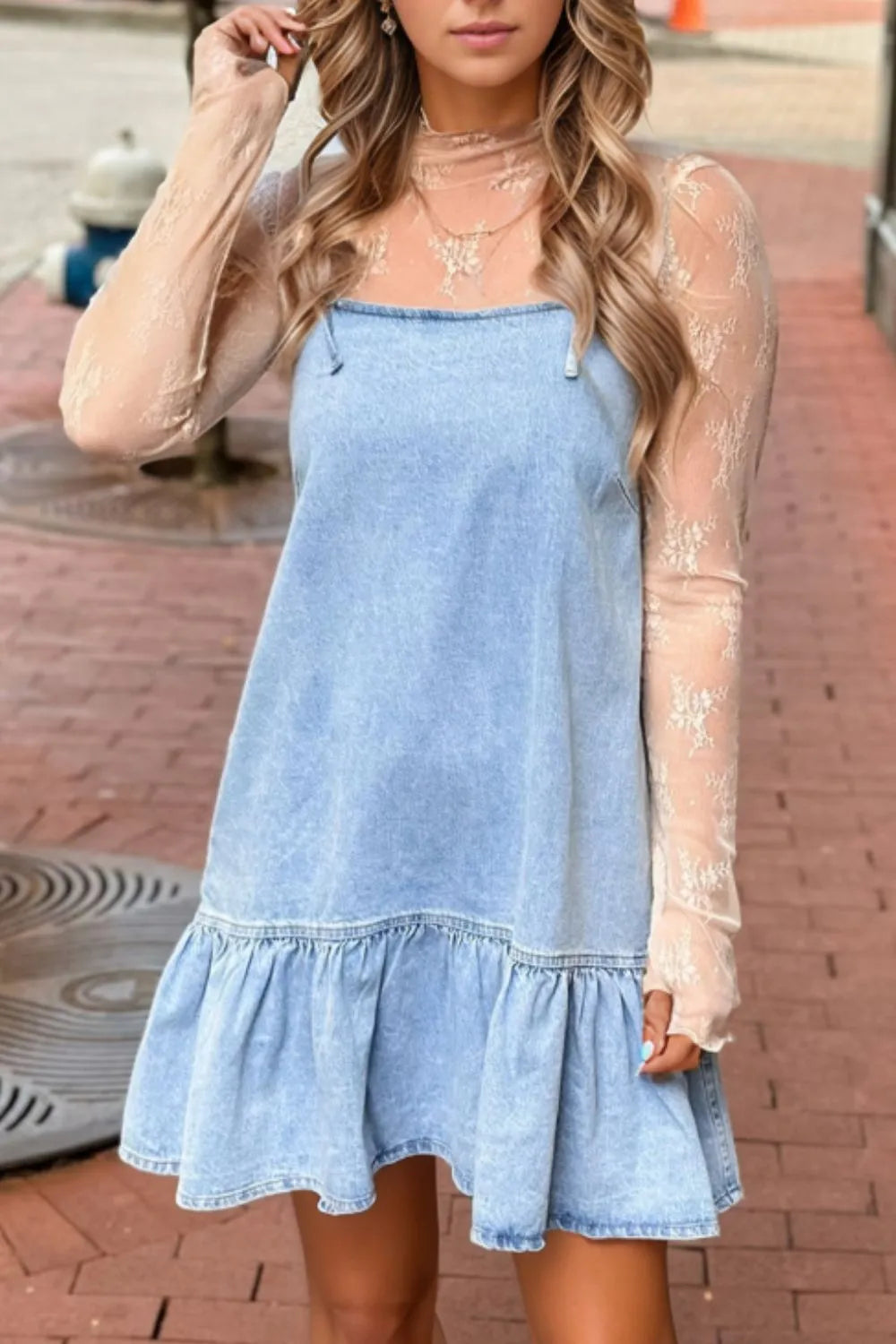 Bow Detail Spaghetti Straps Ruffle Hem Blue Denim Dress - Tigbul's Variety Fashion Shop