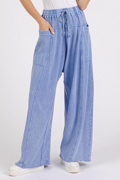 Blue Mineral Wash Elastic Baggy Pants - Tigbul's Variety Fashion Shop