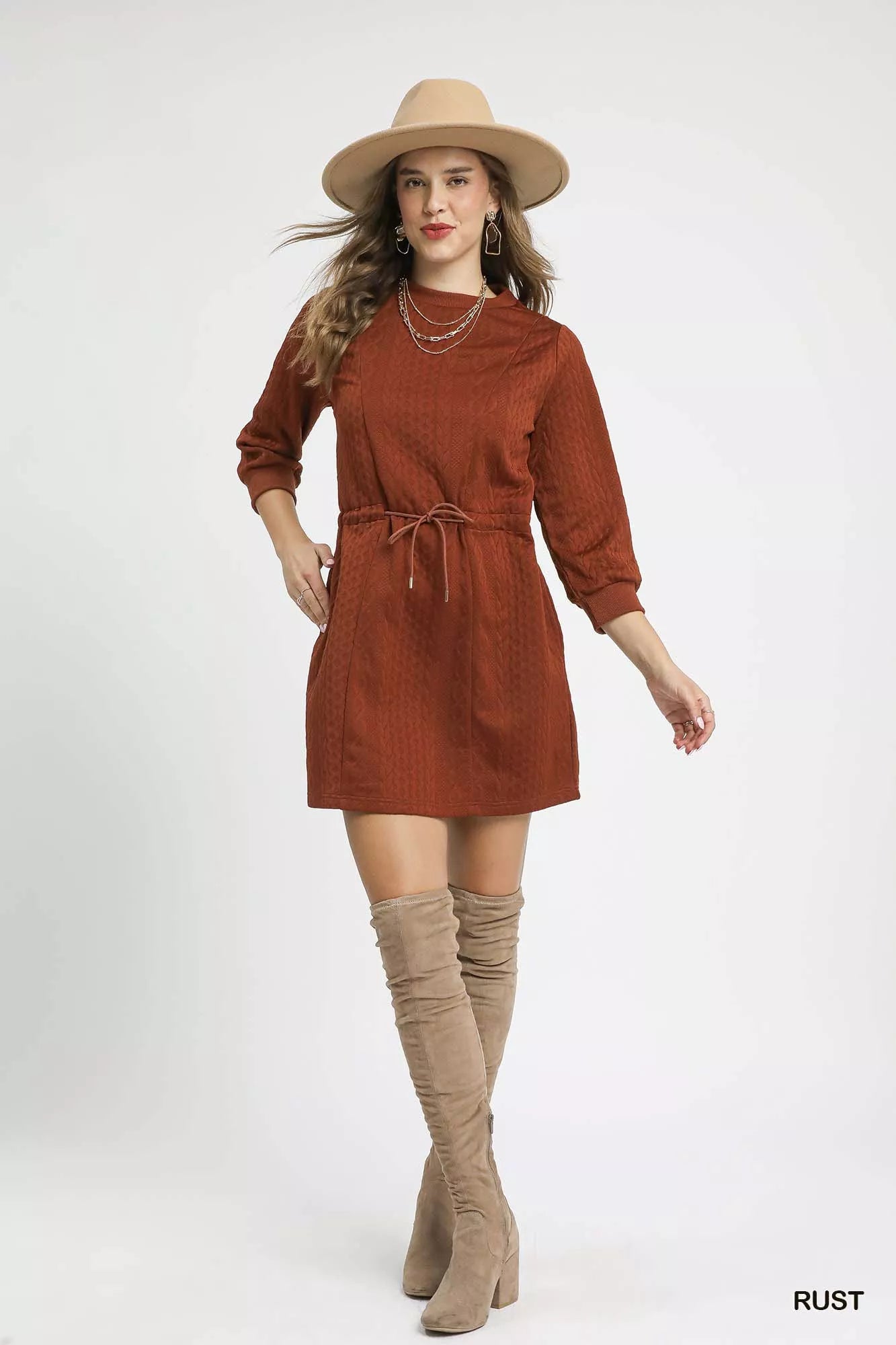 Rust Color Drawstring Cable Knit Mini Dress with Pockets - Tigbul's Variety Fashion Shop