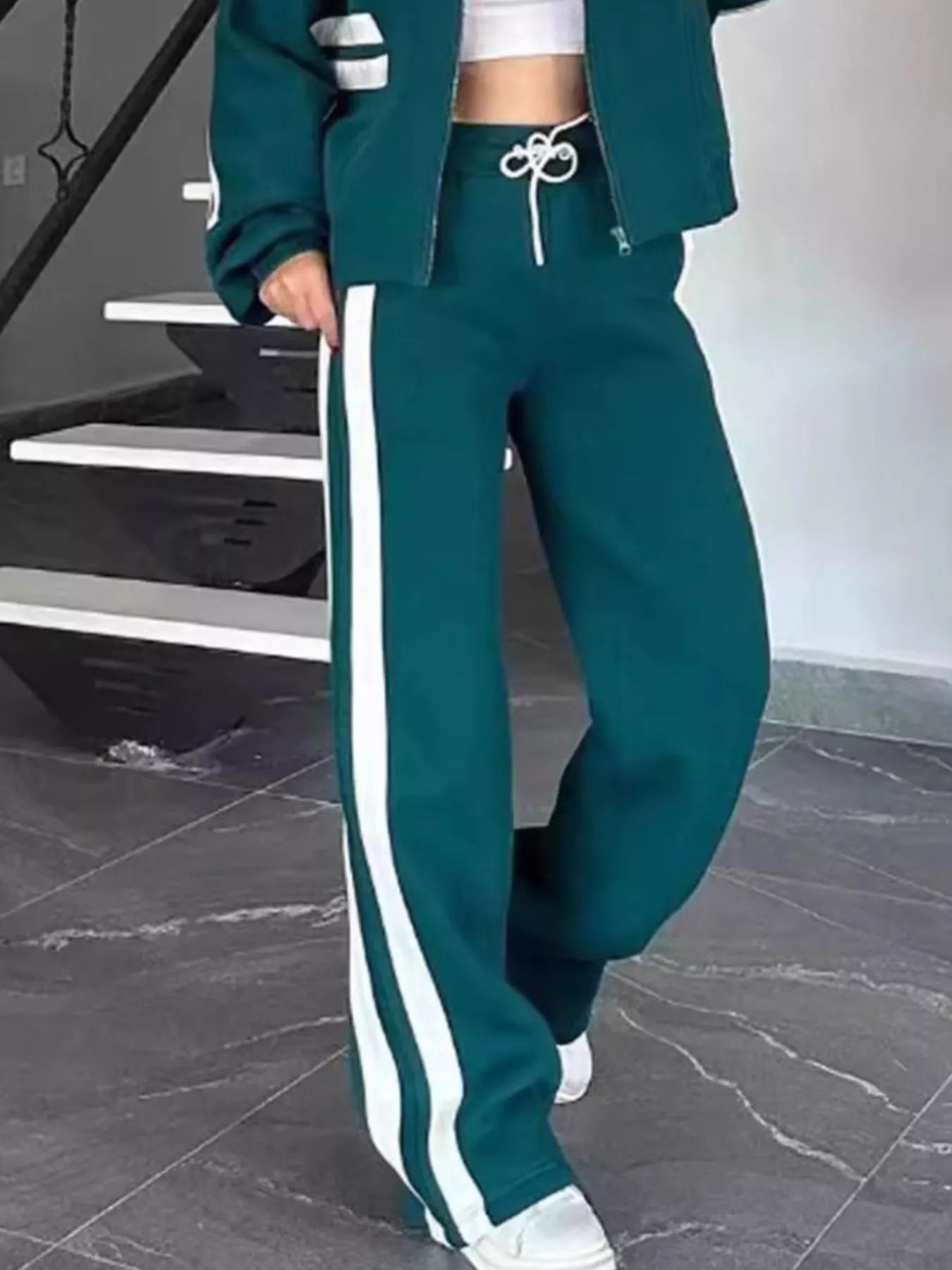Full Size Contrast Stripe Zip Up Jacket and Pants Set Plus Size - Tigbul's Variety Fashion Shop