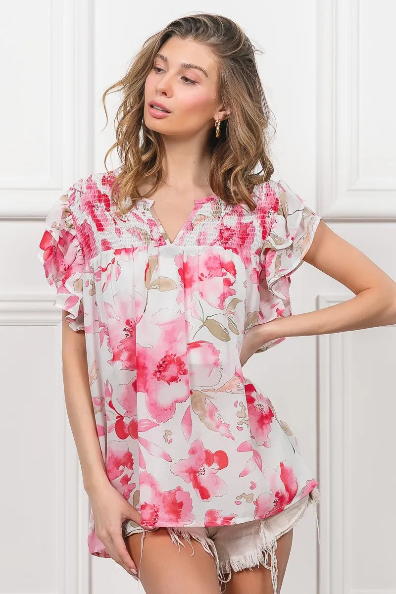 BiBi Floral Print Flutter Sheer Top - Tigbul's Variety Fashion Shop