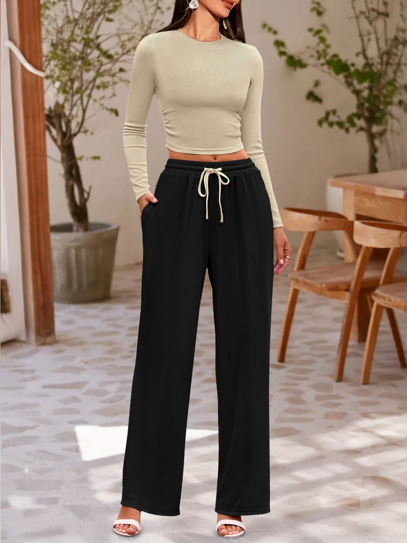 Round Neck Long Sleeve Top and Pants Set - Tigbul's Variety Fashion Shop