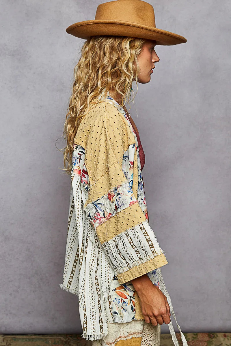 POL Raw Edge Open Front Patchwork Cardigan with Floral Trim - Tigbul's Variety Fashion Shop