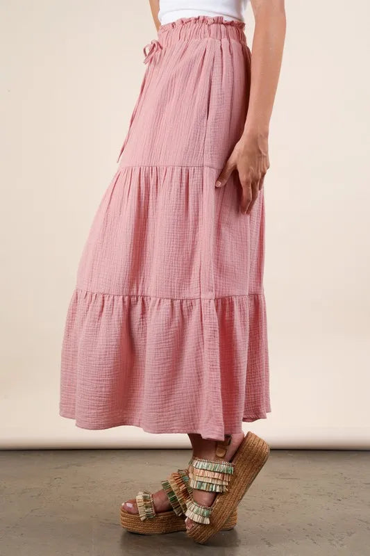 Pink Elastic Waist Tiered Maxi Skirt - Tigbul's Variety Fashion Shop