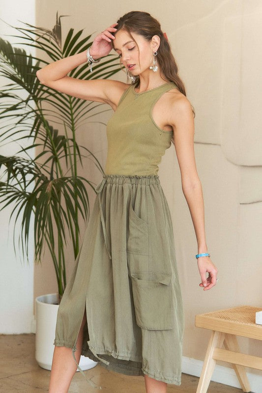 Lt. Olive Drawstring Sleeveless Washed Dress - Tigbul's Variety Fashion Shop