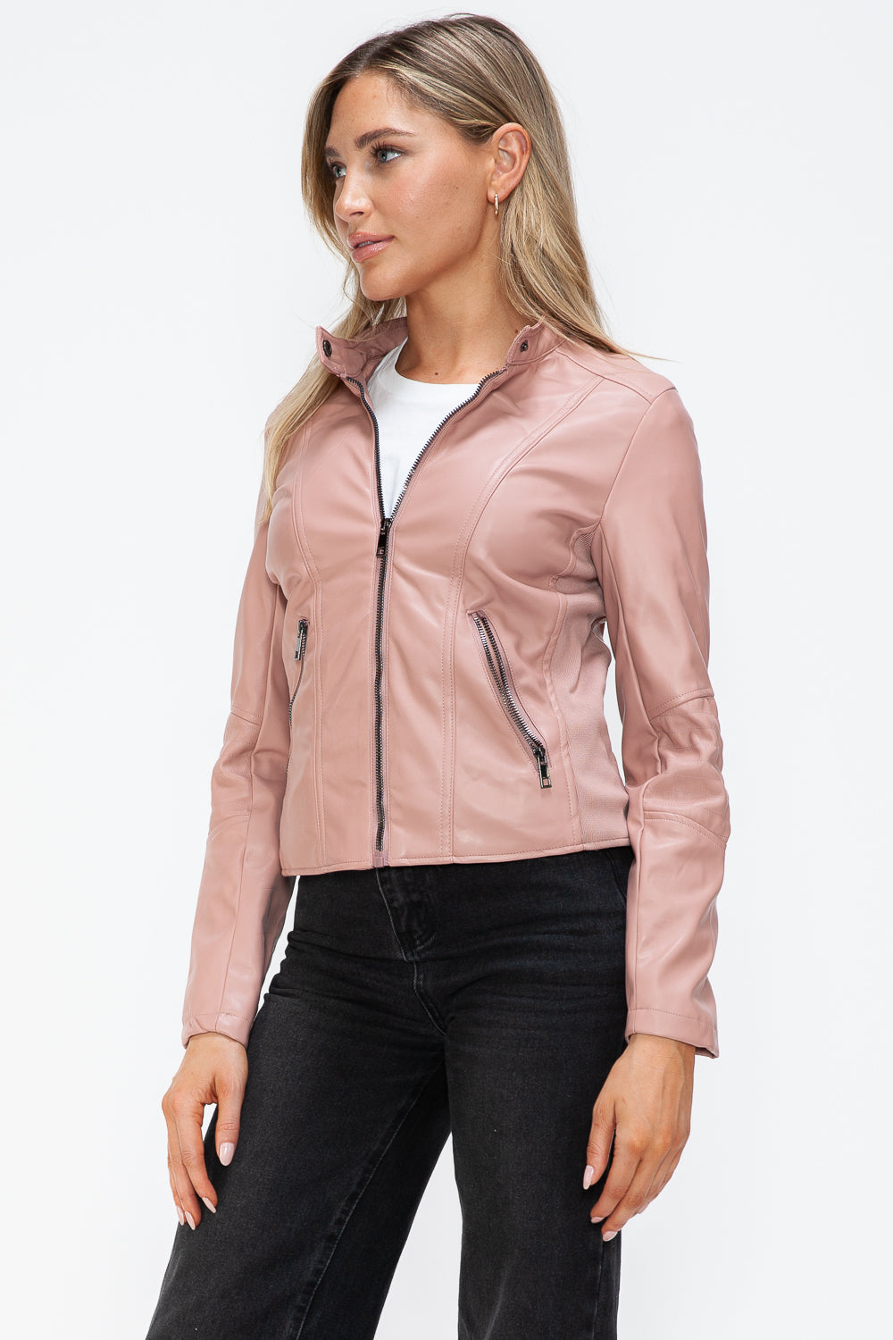 Mauve Faux Leather Zip Up Drawstring Hooded Jacket - Tigbul's Variety Fashion Shop