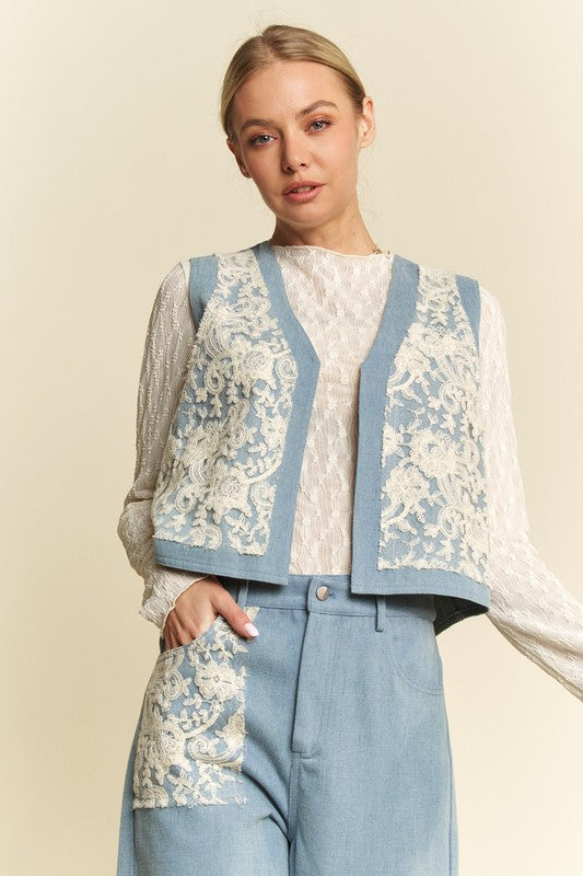 Light Blue Lace Patch Open Front Denim Vest - Tigbul's Variety Fashion Shop