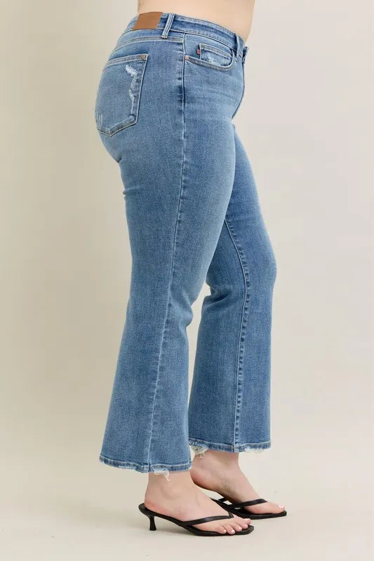 Judy Blue Full Size Mid Rise Wash Destroy Hem Bootcut Jeans Plus Size - Tigbul's Variety Fashion Shop
