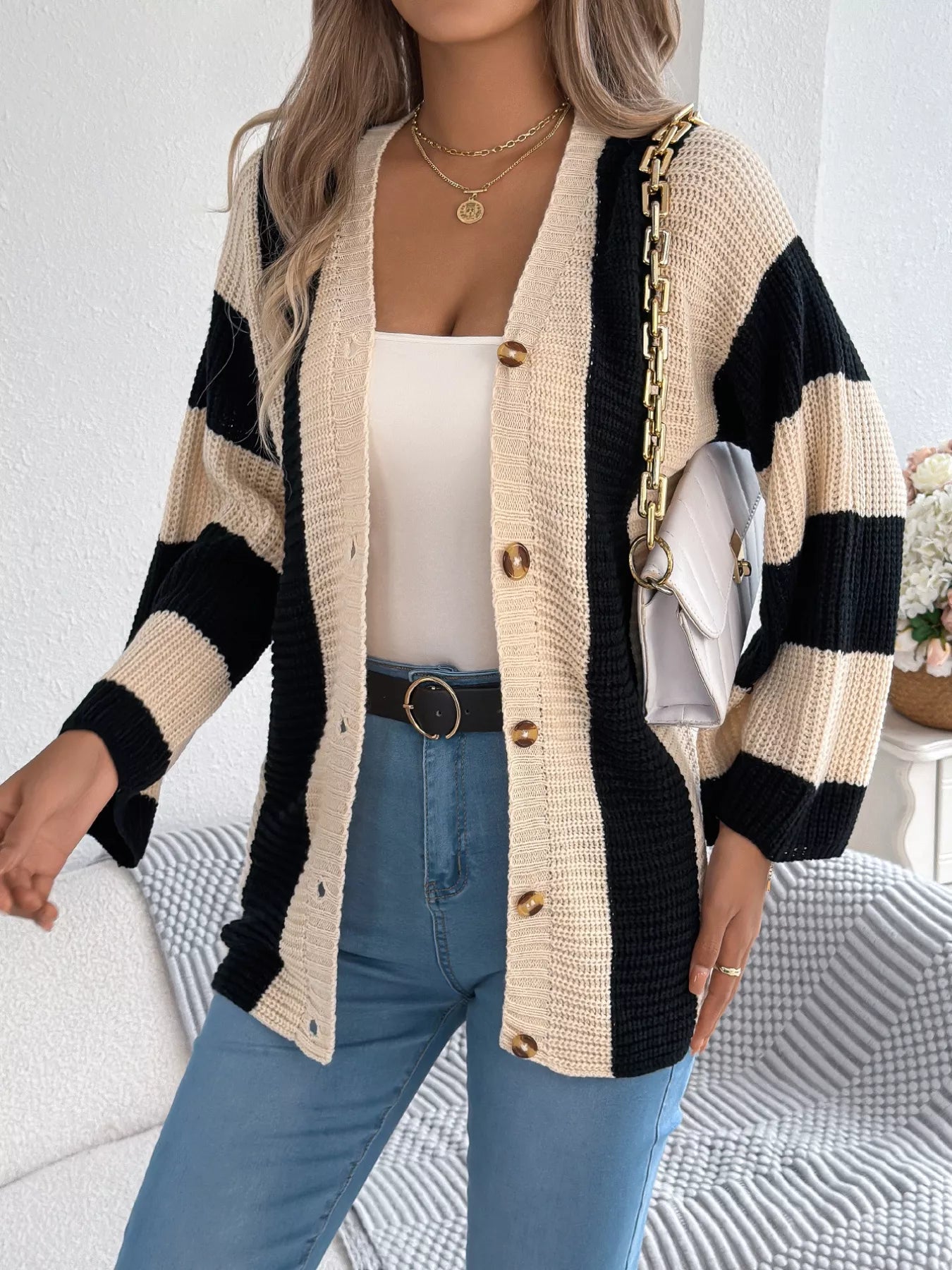 Color Block Button-Up Cardigan - Tigbul's Variety Fashion Shop