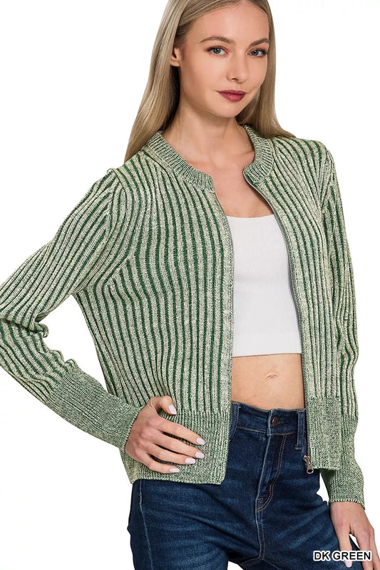 Zenana Ribbed Two Tone Zip Up Sweater Cardigan - Tigbul's Variety Fashion Shop