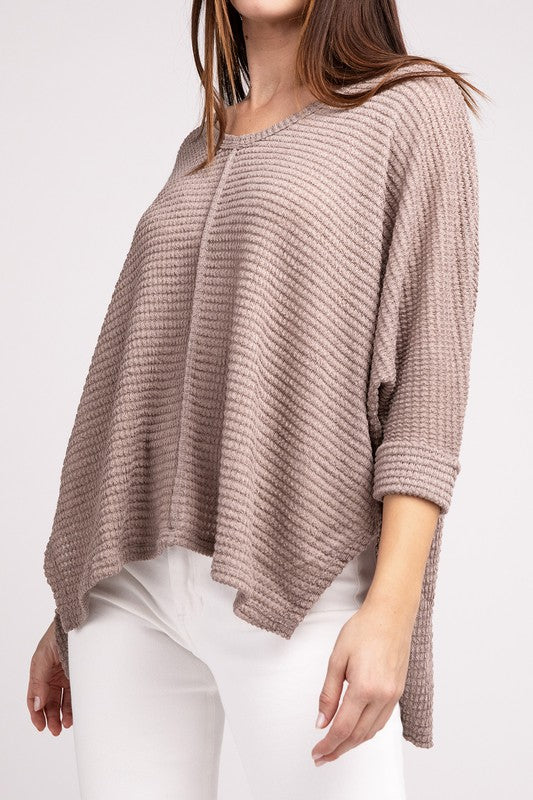 3/4 Sleeve V-Neck Hi-Low Hem Jacquard Sweater - Tigbul's Variety Fashion Shop