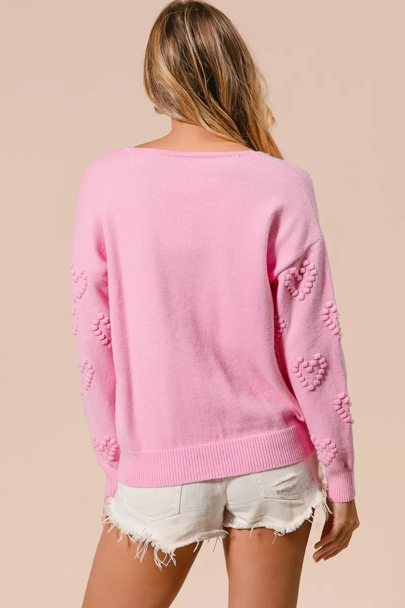 BiBi Valentines Heart Pompom V Neck Knit Top - Tigbul's Variety Fashion Shop
