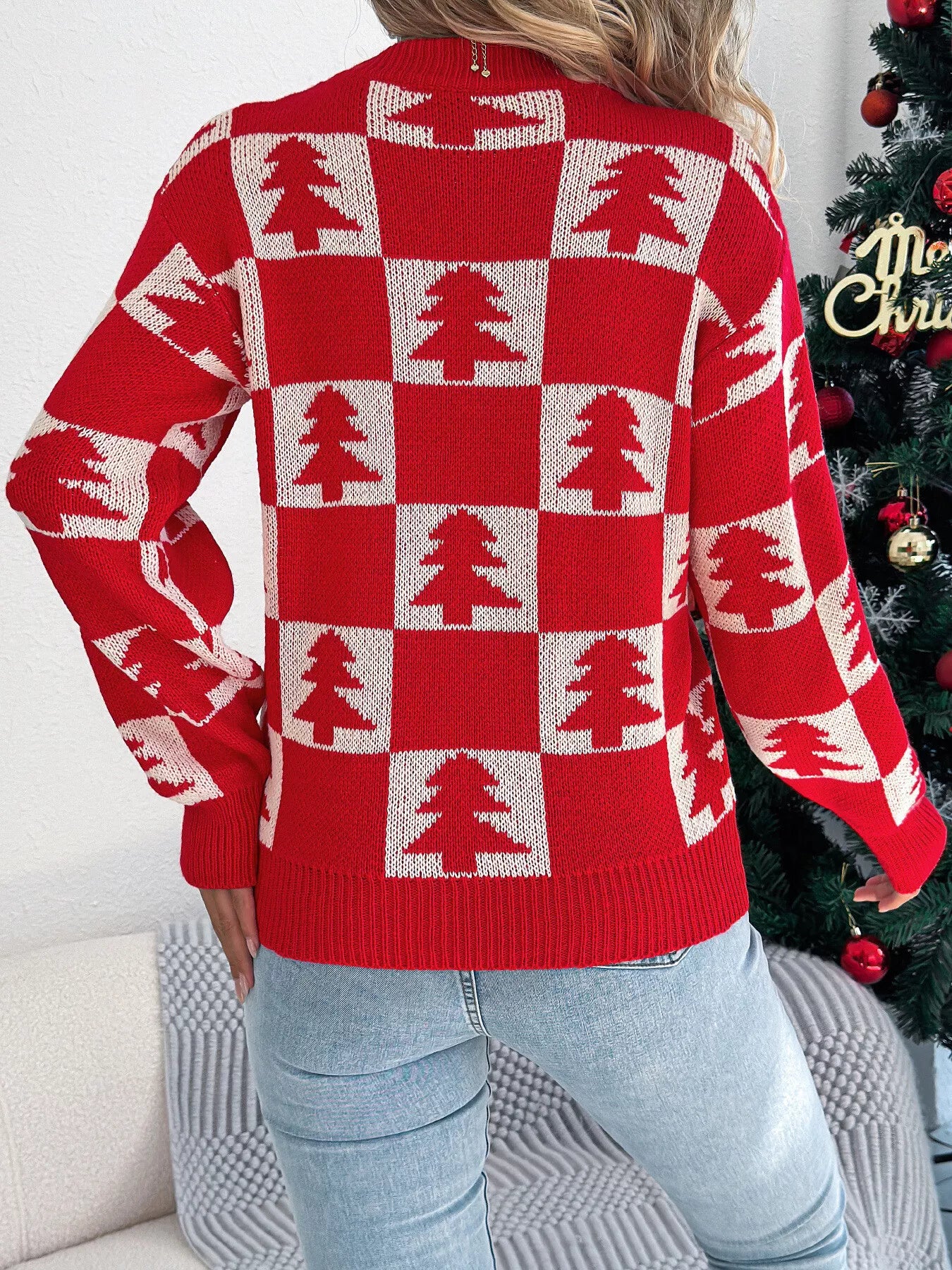 Christmas Tree Checkerboard Pattern Sweater - Tigbul's Variety Fashion Shop