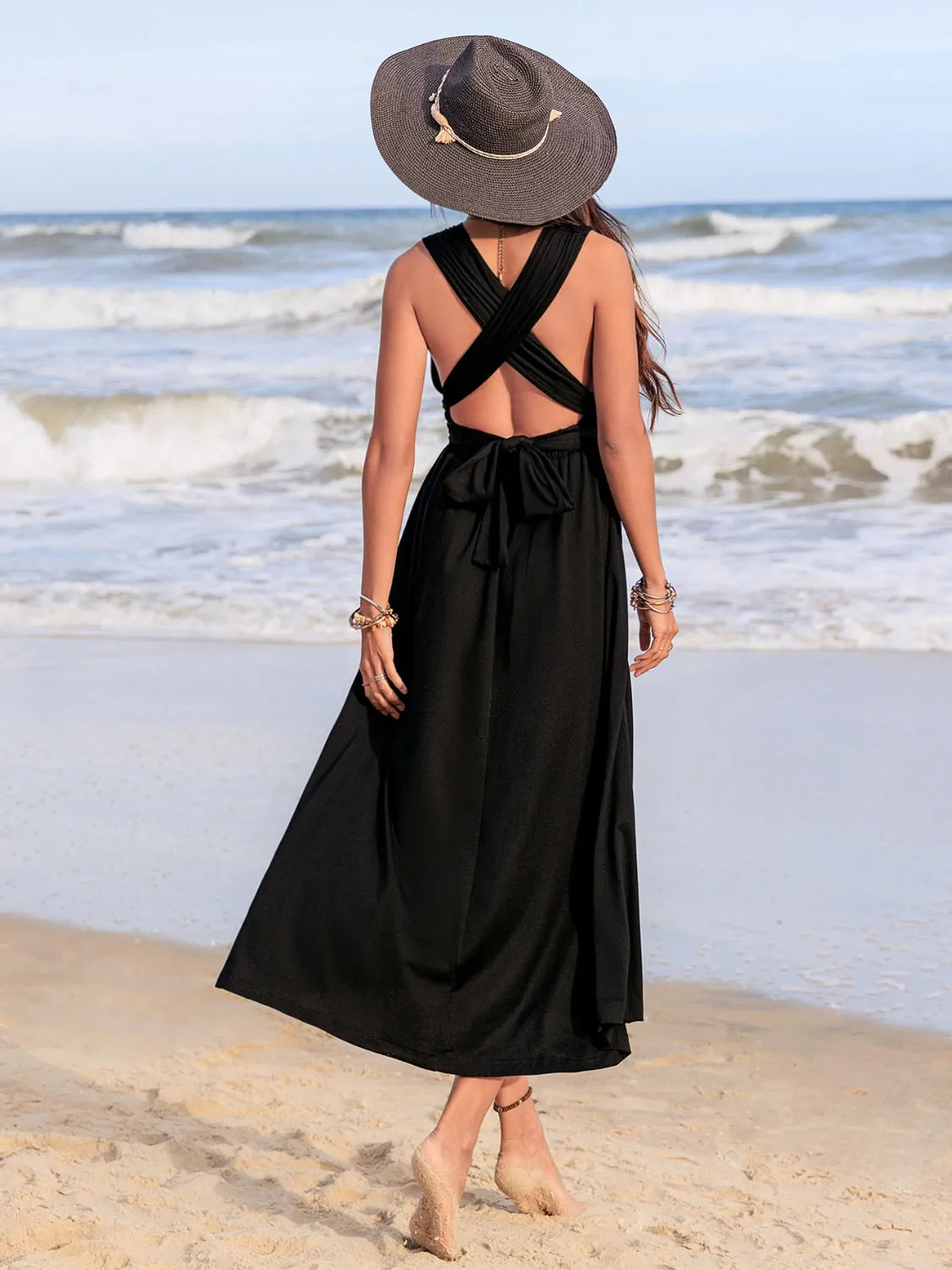 Surplice Sleeveless Ruched Black Midi Dress - Tigbul's Variety Fashion Shop