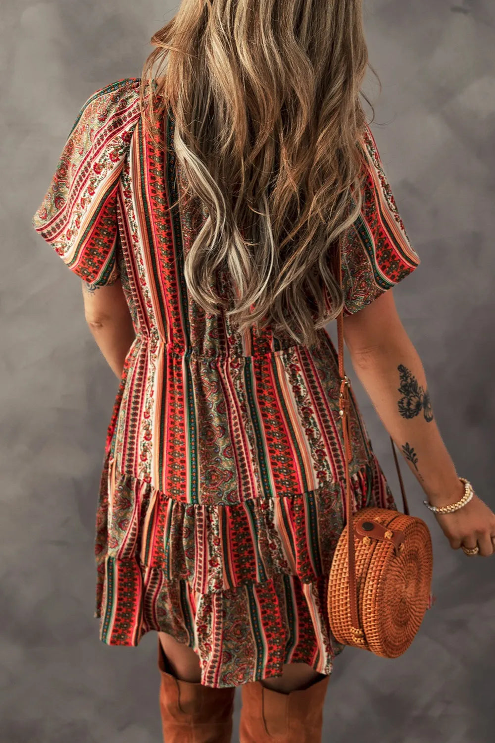 Bohemian Floral Print Buttoned V Neck Ruffle Tiered Dress - Tigbul's Variety Fashion Shop