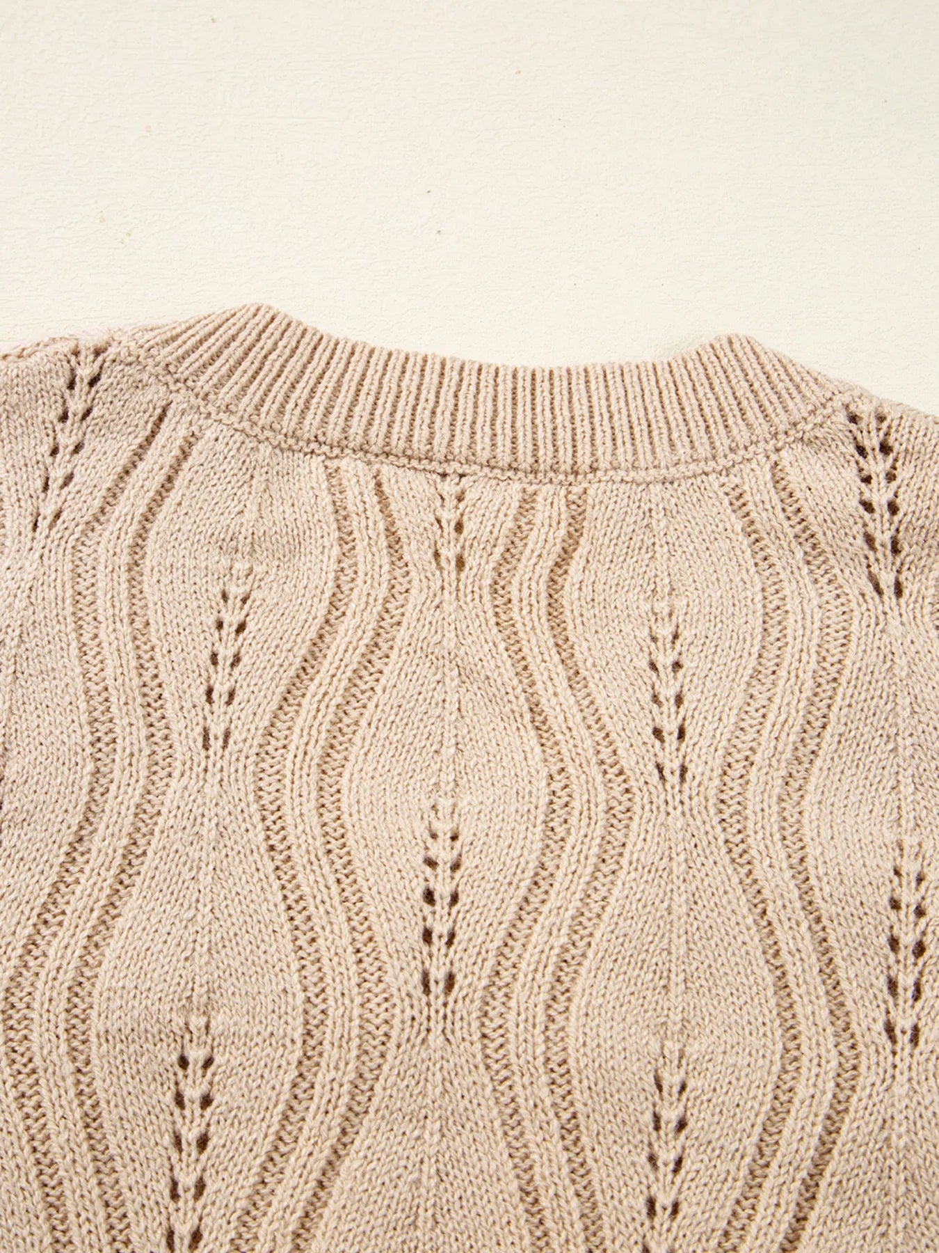 Pearl Beaded Pointelle Knit V Neck Lace Patchwork Sleeve Sweater - Tigbul's Variety Fashion Shop