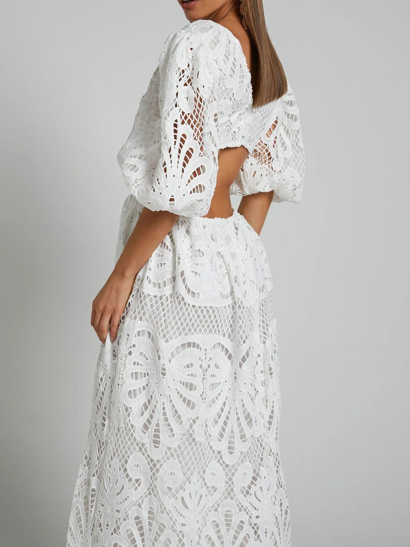 Cutout Back Lace Crochet V-Neck Dress - Tigbul's Variety Fashion Shop