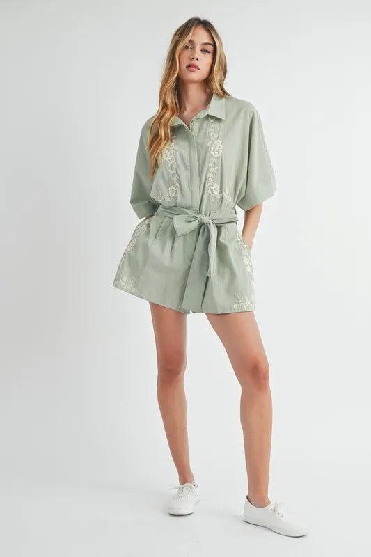 Embroidered Button Down Collared Neck Romper - Tigbul's Variety Fashion Shop