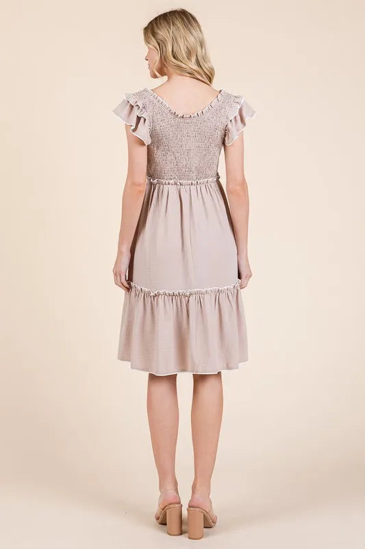 Taupe Color Ruffle Trim Smocked Dress - Tigbul's Variety Fashion Shop