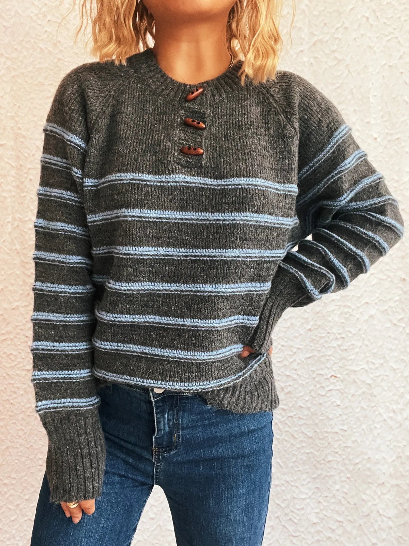 Striped Button Detail Long Sleeve Sweater - Tigbul's Variety Fashion Shop