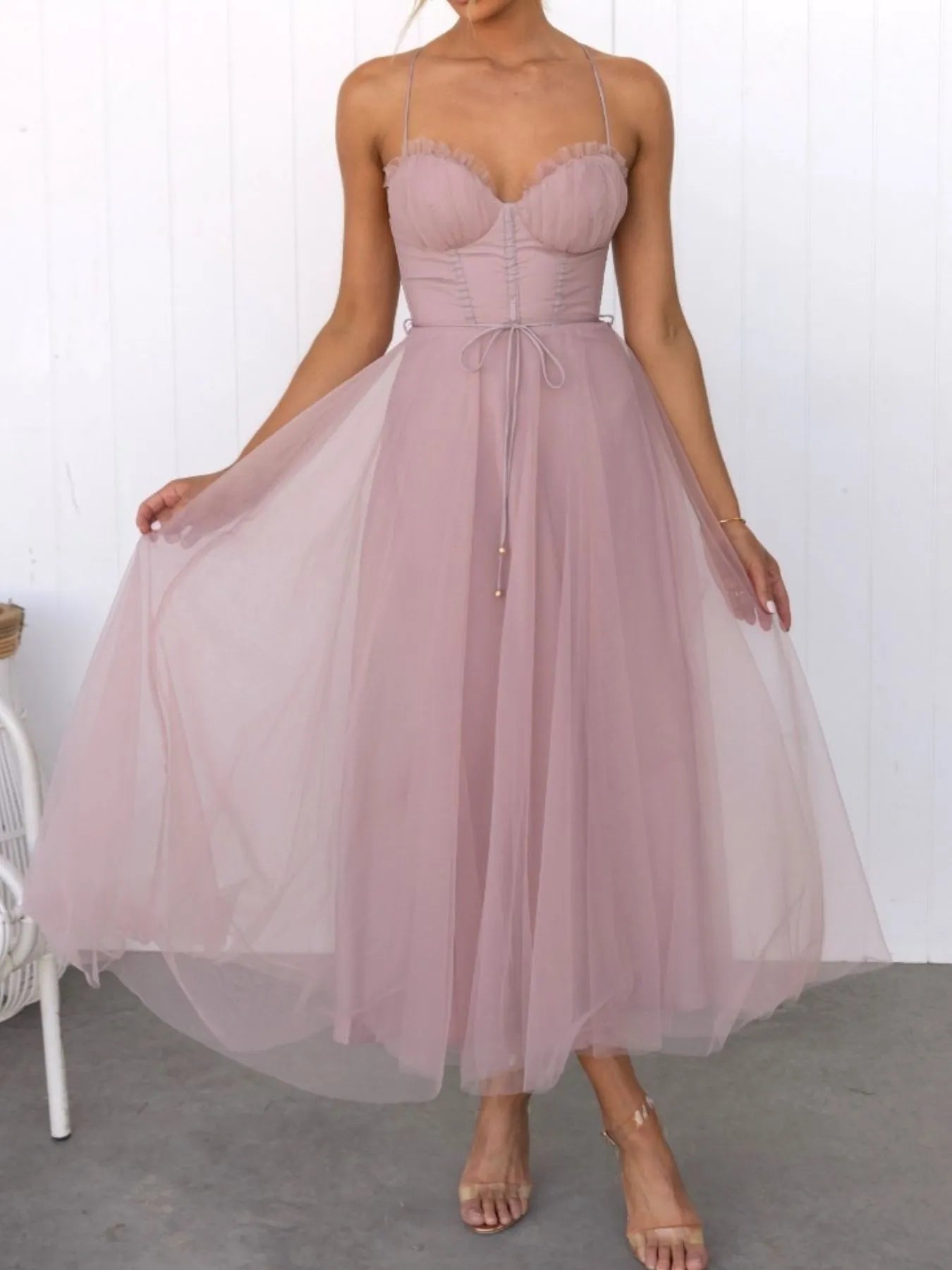 Sweetheart Neck Tulle Midi Dress - Tigbul's Variety Fashion Shop