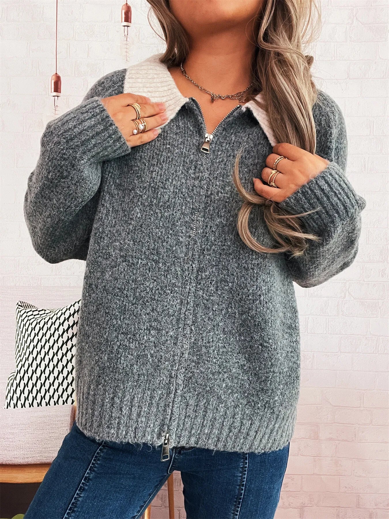 Contrast Collar Zip-Up Cardigan - Tigbul's Variety Fashion Shop