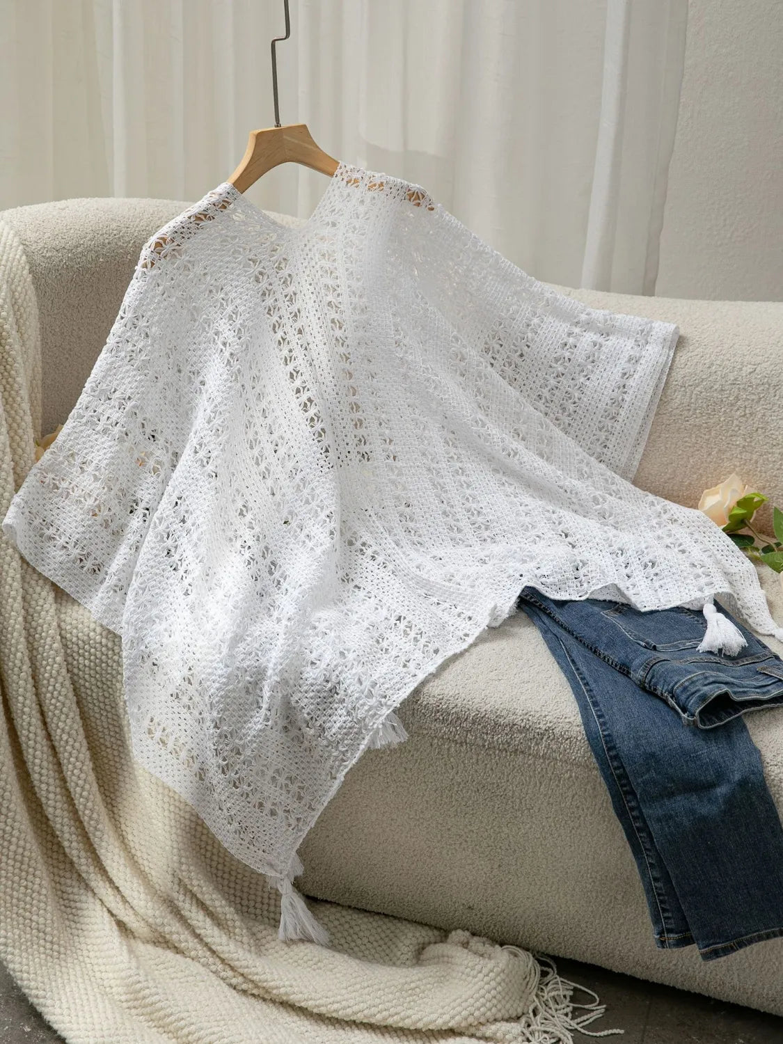 Openwork Tassel Open Front Knit Cover Up - Tigbul's Variety Fashion Shop
