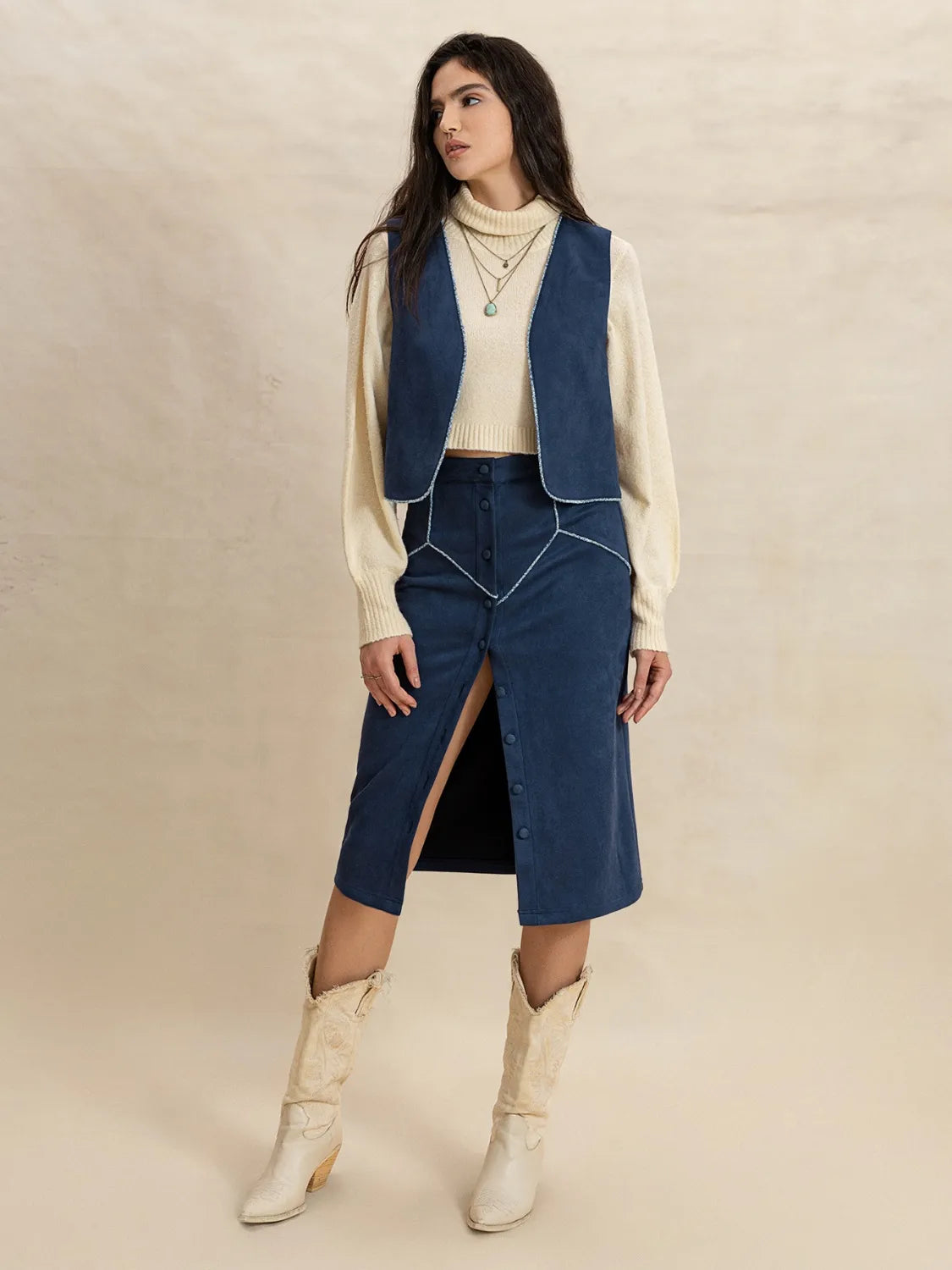 Open Front Vest and Buttoned Skirt Set - Tigbul's Variety Fashion Shop