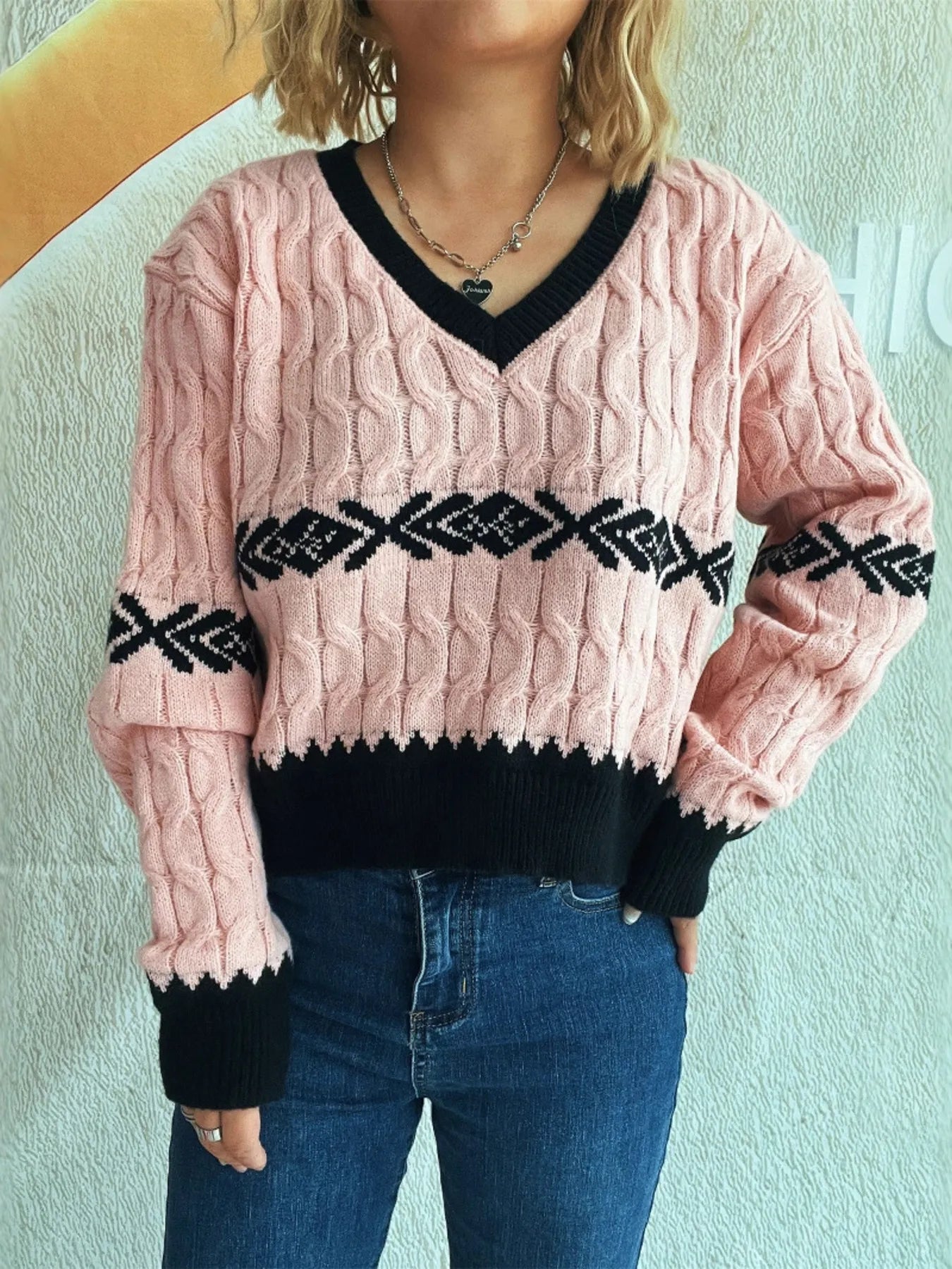 Cable Knit V-Neck Sweater - Tigbul's Variety Fashion Shop