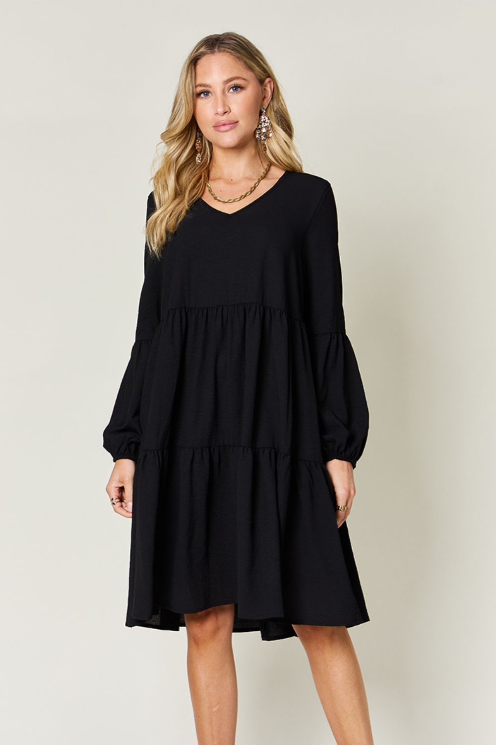 V-Neck Balloon Sleeve Tiered Dress with Pockets - Tigbul's Variety Fashion Shop