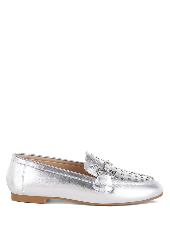 Estafa Horsebit & Studs Metallic Pleather Loafers - Tigbul's Variety Fashion Shop