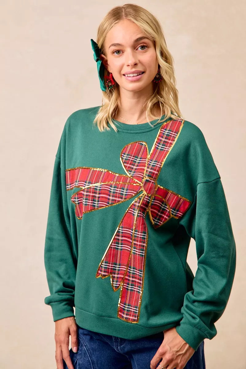 Plaid Ribbon Bow Detail Christmas Fleece Pullover Sweater - Tigbul's Variety Fashion Shop