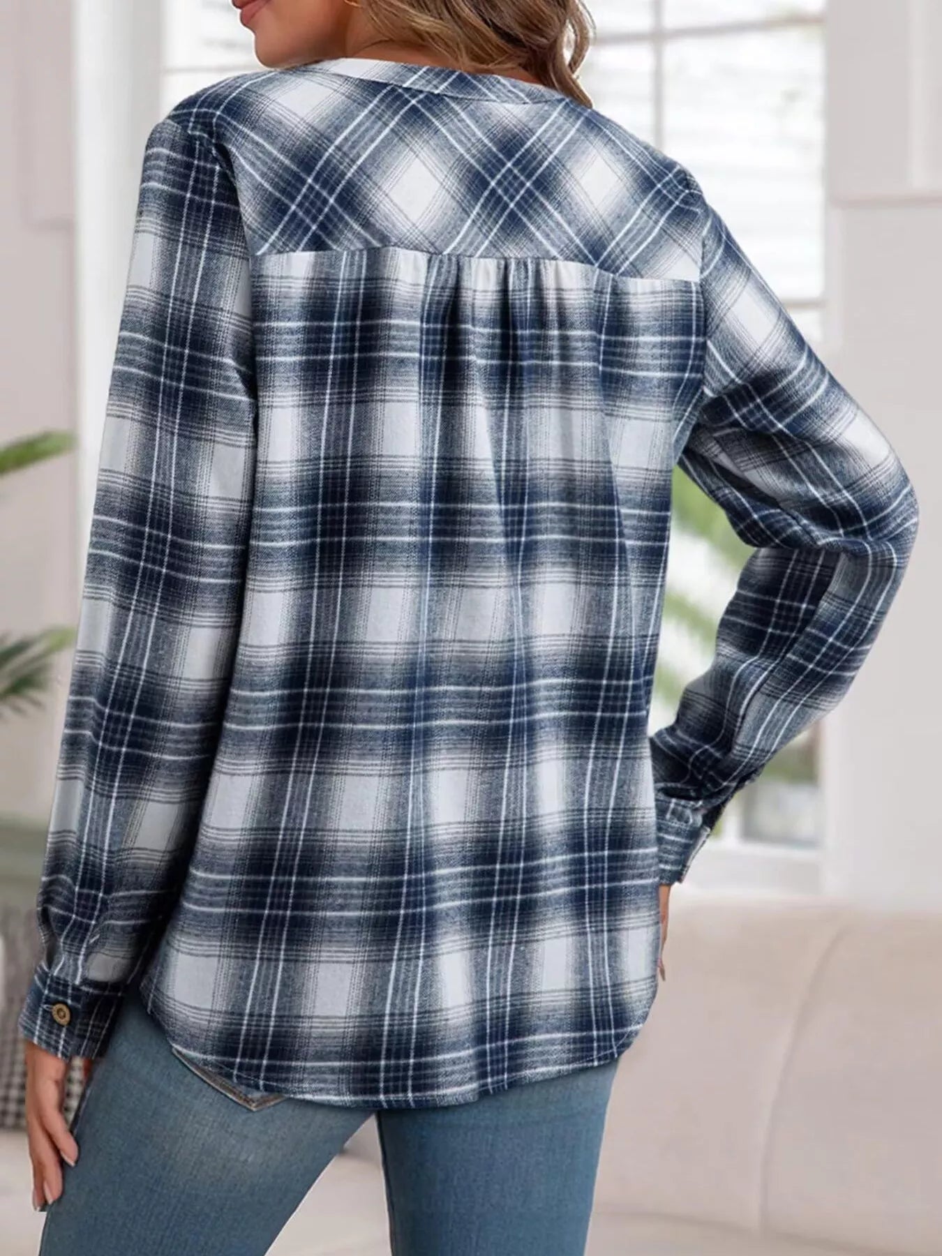 Plaid Half Button Long Sleeve Blouse - Tigbul's Variety Fashion Shop